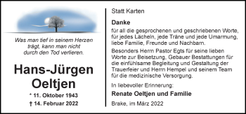 Traueranzeige von Hans-Jürgen Oeltjen von Nordwest-Zeitung