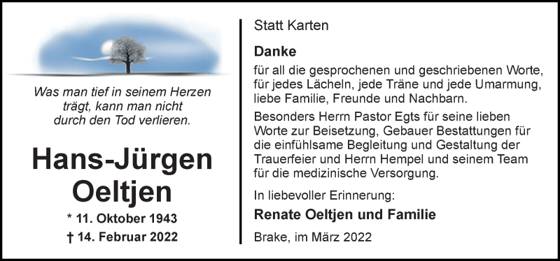  Traueranzeige für Hans-Jürgen Oeltjen vom 12.03.2022 aus Nordwest-Zeitung