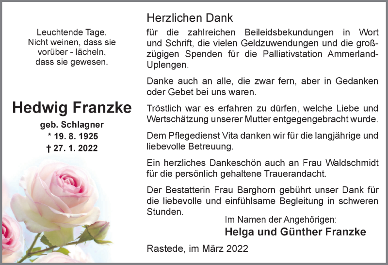  Traueranzeige für Hedwig Franzke vom 12.03.2022 aus Nordwest-Zeitung