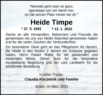 Traueranzeige von Heide Timpe von Nordwest-Zeitung