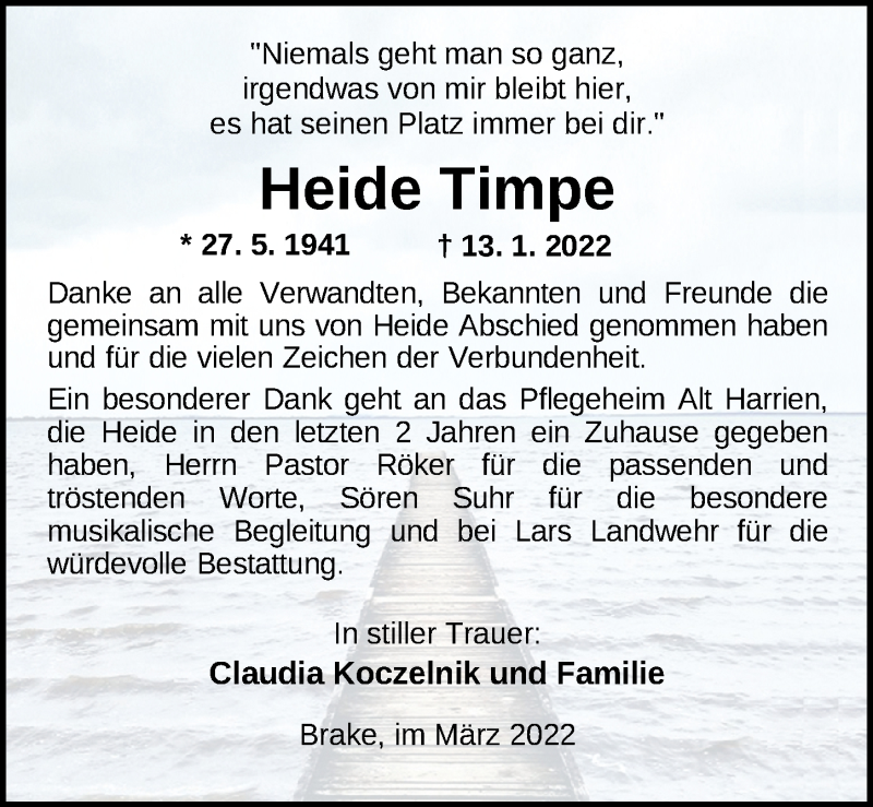  Traueranzeige für Heide Timpe vom 11.03.2022 aus Nordwest-Zeitung