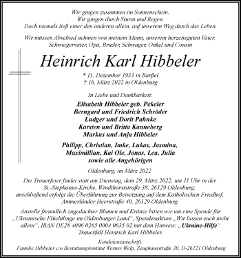 Traueranzeige von Heinrich Karl Hibbeler von Nordwest-Zeitung