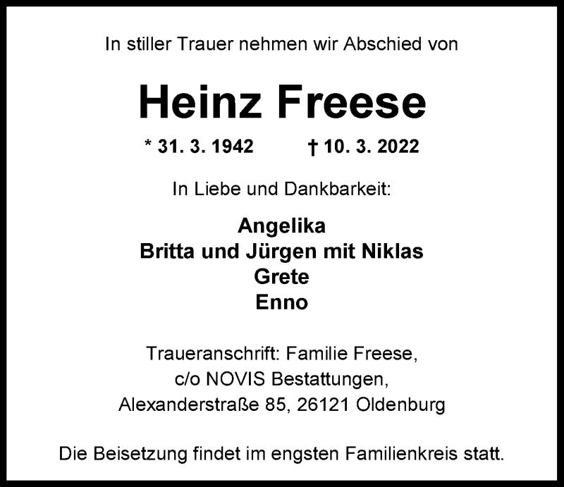  Traueranzeige für Heinz Freese vom 19.03.2022 aus Nordwest-Zeitung