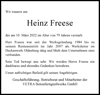 Traueranzeige von Heinz Freese von Nordwest-Zeitung