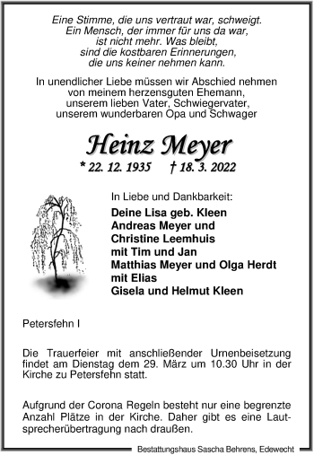 Traueranzeige von Heinz Meyer von Nordwest-Zeitung