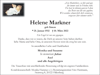 Traueranzeige von Helene Markner von Nordwest-Zeitung