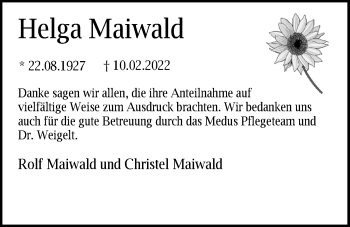 Traueranzeige von Helga Maiwald von Nordwest-Zeitung