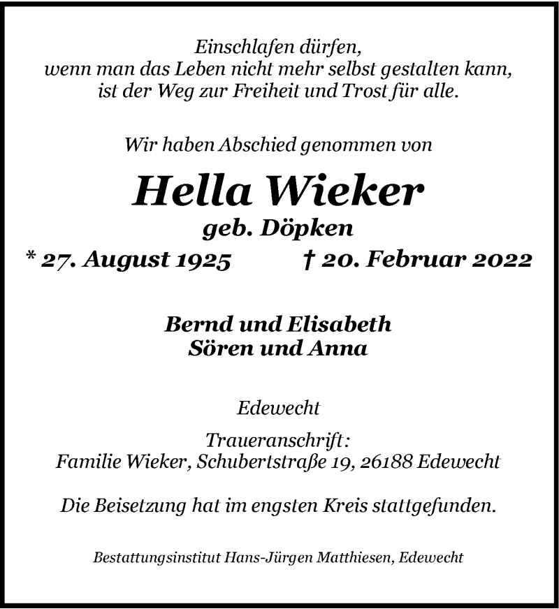  Traueranzeige für Hella Wieker vom 10.03.2022 aus Nordwest-Zeitung