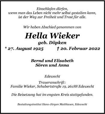 Traueranzeige von Hella Wieker von Nordwest-Zeitung