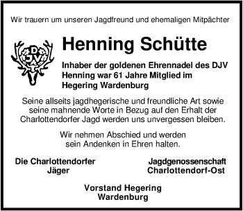 Traueranzeige von Henning Schütte von Nordwest-Zeitung