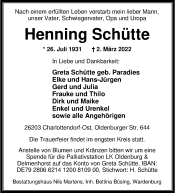 Traueranzeige von Henning Schütte von Nordwest-Zeitung