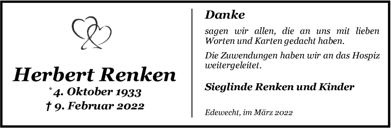  Traueranzeige für Herbert Renken vom 12.03.2022 aus Nordwest-Zeitung