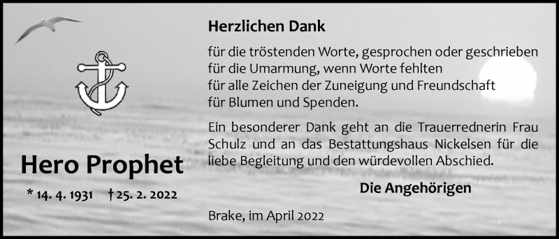  Traueranzeige für Hero Prophet vom 01.04.2022 aus Nordwest-Zeitung