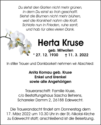 Traueranzeige von Herta Kruse von Nordwest-Zeitung