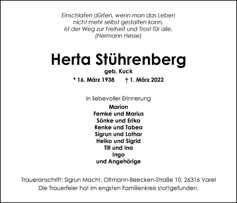  Traueranzeige für Herta Stürenberg vom 09.03.2022 aus Nordwest-Zeitung