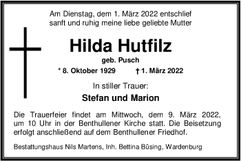 Traueranzeige von Hilda Hutfilz von Nordwest-Zeitung