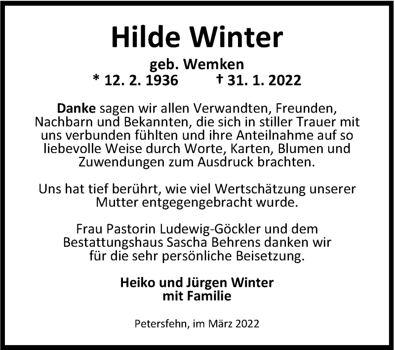  Traueranzeige für Hilde Winter vom 11.03.2022 aus Nordwest-Zeitung