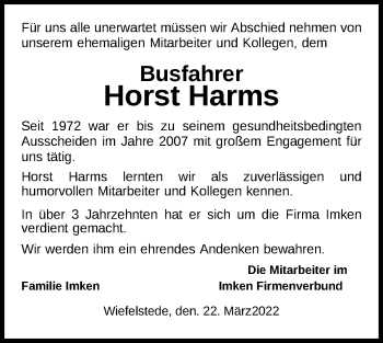 Traueranzeige von Horst Harms von Nordwest-Zeitung
