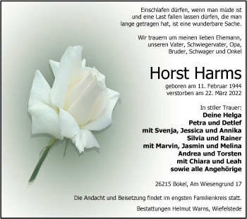 Traueranzeige von Horst Harms von Nordwest-Zeitung