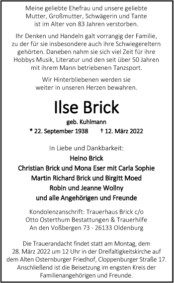 Traueranzeige von Ilse Brick von Nordwest-Zeitung