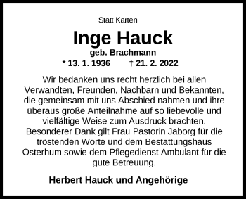 Traueranzeige von Inge Hauck von Nordwest-Zeitung
