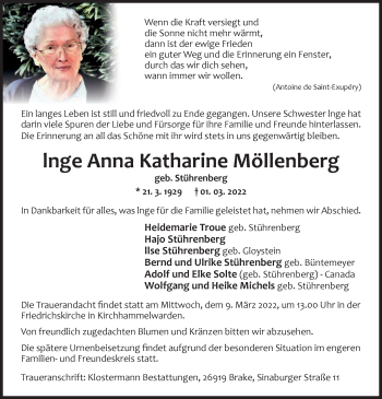 Traueranzeige von Inge Anna Katharine Möllenberg von Nordwest-Zeitung