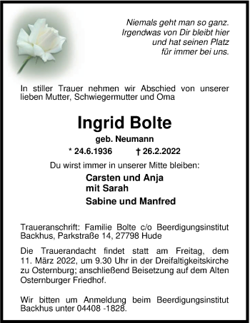 Traueranzeige von Ingrid Bolte von Nordwest-Zeitung