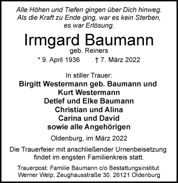 Traueranzeige von Irmgard Baumann von Nordwest-Zeitung
