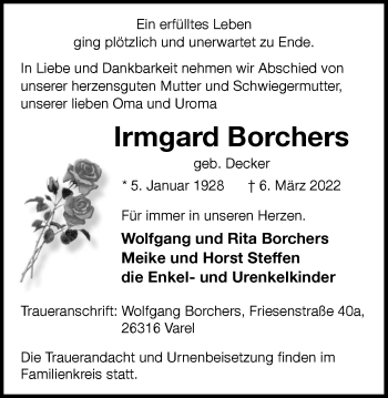 Traueranzeige von Irmgard Borchers von Nordwest-Zeitung