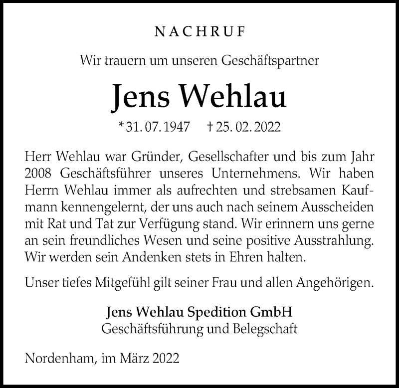 Traueranzeige für Jens Wehlau vom 03.03.2022 aus Nordwest-Zeitung