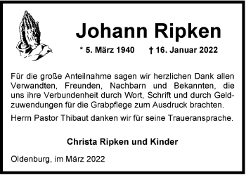 Traueranzeige von Johann Ripken von Nordwest-Zeitung