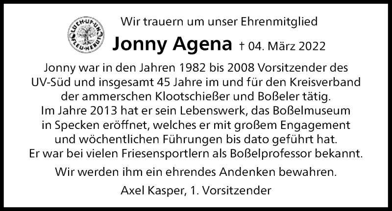  Traueranzeige für Jonny Agena vom 08.03.2022 aus Nordwest-Zeitung