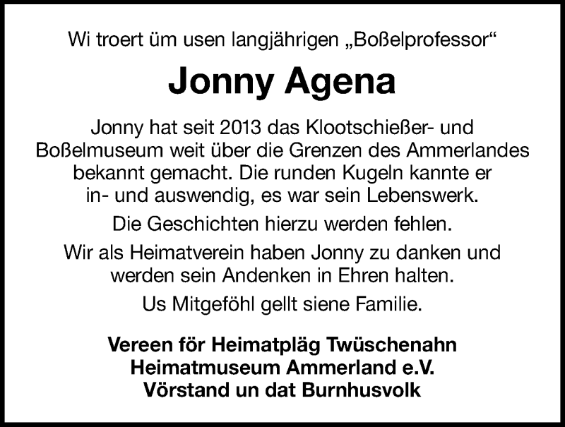  Traueranzeige für Jonny Agena vom 10.03.2022 aus Nordwest-Zeitung
