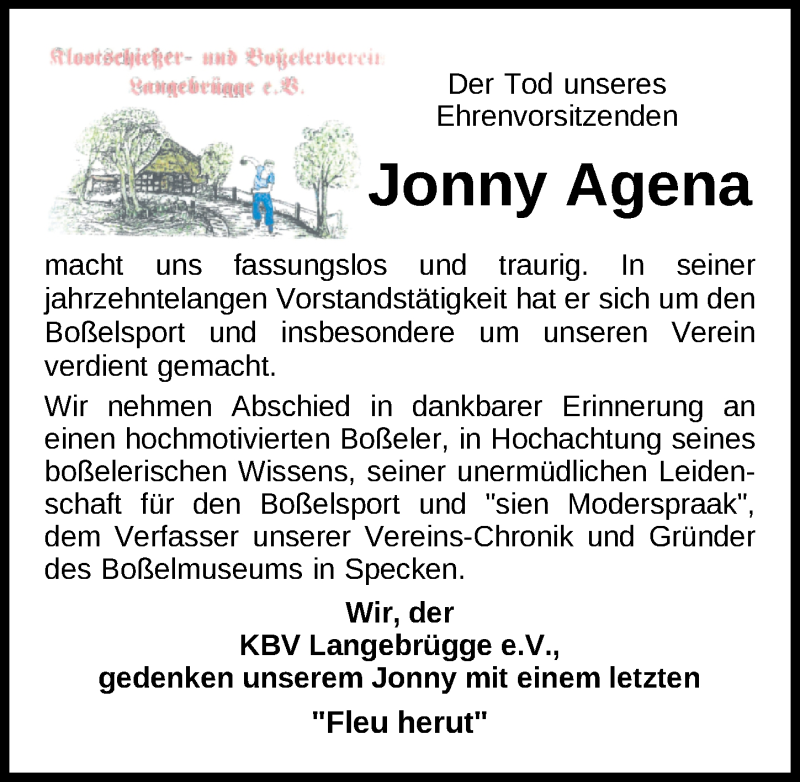  Traueranzeige für Jonny Agena vom 08.03.2022 aus Nordwest-Zeitung