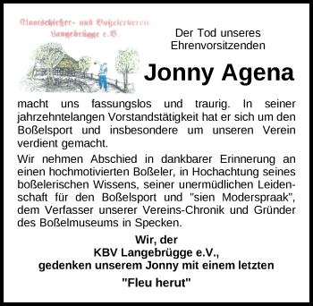 Traueranzeige von Jonny Agena von Nordwest-Zeitung