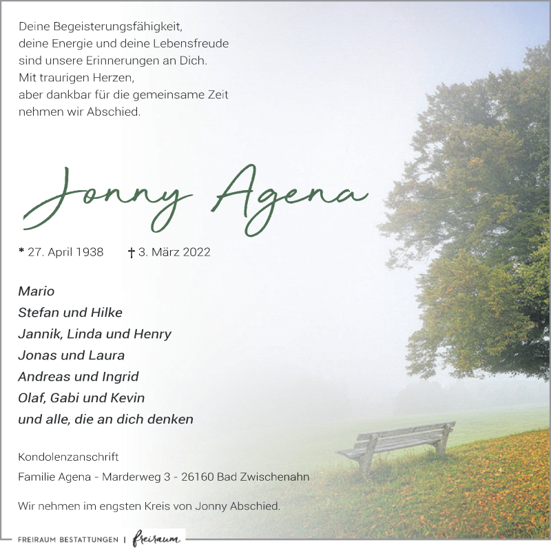  Traueranzeige für Jonny Agena vom 08.03.2022 aus Nordwest-Zeitung