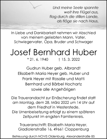Traueranzeige von Josef Bernhard Huber von Nordwest-Zeitung