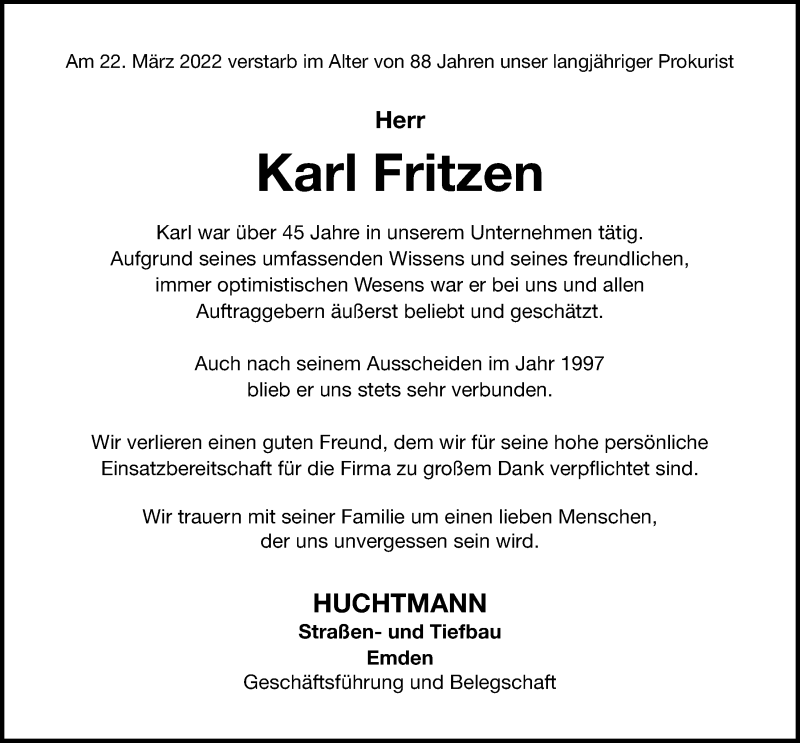  Traueranzeige für Karl Fritzen vom 26.03.2022 aus Emder Zeitung
