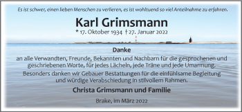 Traueranzeige von Karl Grimsmann von Nordwest-Zeitung