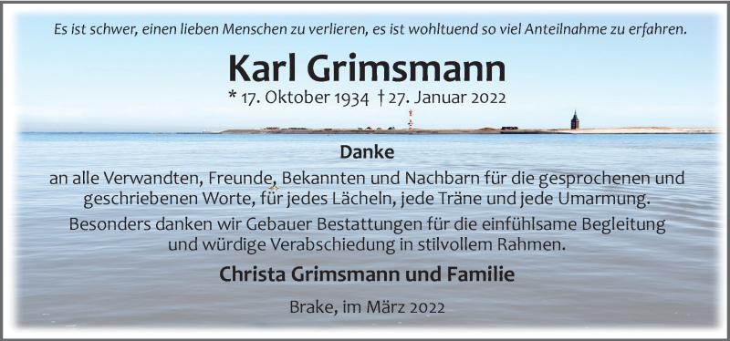  Traueranzeige für Karl Grimsmann vom 12.03.2022 aus Nordwest-Zeitung