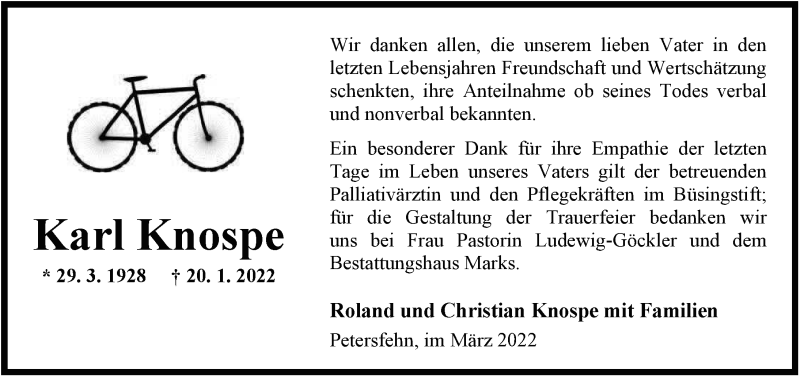  Traueranzeige für Karl Knospe vom 05.03.2022 aus Nordwest-Zeitung
