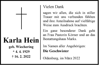 Traueranzeige von Karla Hein von Nordwest-Zeitung
