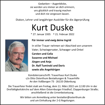 Traueranzeige von Kurt Duske von Nordwest-Zeitung