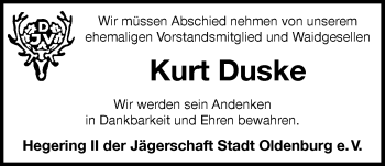Traueranzeige von Kurt Duske von Nordwest-Zeitung