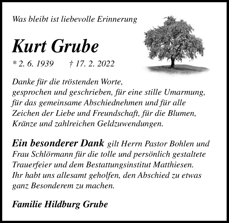  Traueranzeige für Kurt Grube vom 26.03.2022 aus Nordwest-Zeitung