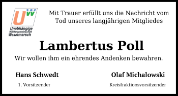 Traueranzeige von Lambertus Poll von Nordwest-Zeitung