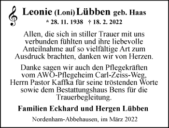 Traueranzeige von Leonie Lübben von Nordwest-Zeitung