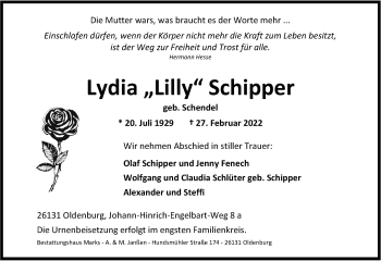 Traueranzeige von Lydia Schipper von Nordwest-Zeitung