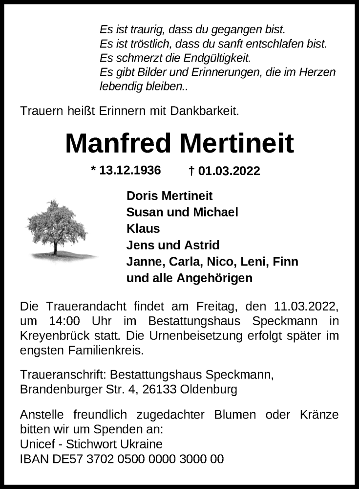  Traueranzeige für Manfred Mertineit vom 05.03.2022 aus Nordwest-Zeitung