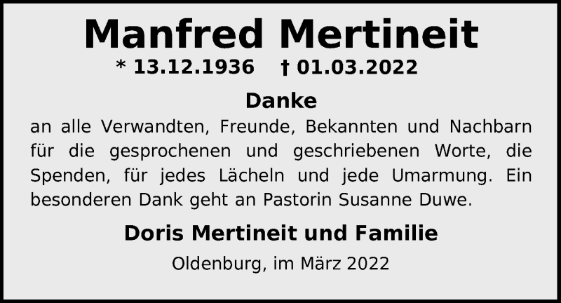  Traueranzeige für Manfred Mertineit vom 23.03.2022 aus Nordwest-Zeitung